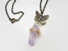 Load image into Gallery viewer, Amethyst Crystal Point Pendant With Butterfly Charm.
