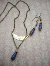 Load image into Gallery viewer, Lapis Lazuli Crescent Moon Necklace, Mixed Metal Rustic Jewelry, Boho-chic Gift.