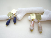 Load image into Gallery viewer, Lapis lazuli Gold Drop Earrings, Geometric Modern Retro Jewelry.