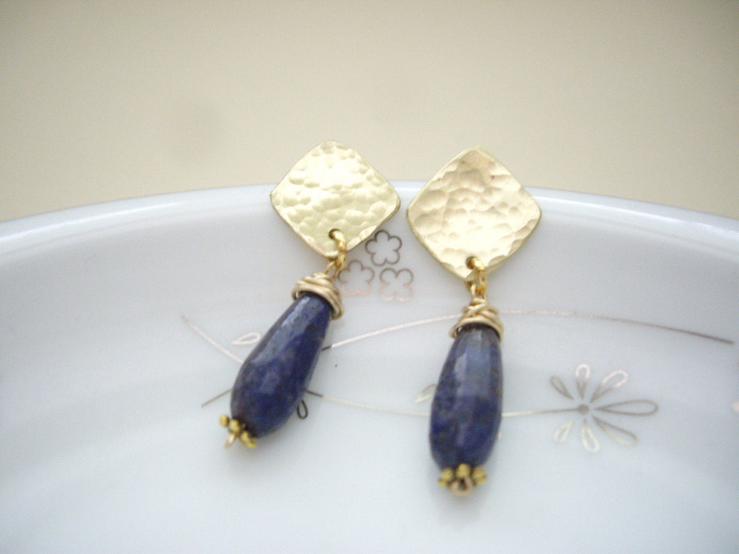 Lapis lazuli Gold Drop Earrings, Geometric Modern Retro Jewelry.