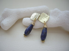 Load image into Gallery viewer, Lapis lazuli Gold Drop Earrings, Geometric Modern Retro Jewelry.