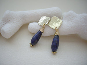 Lapis lazuli Gold Drop Earrings, Geometric Modern Retro Jewelry.