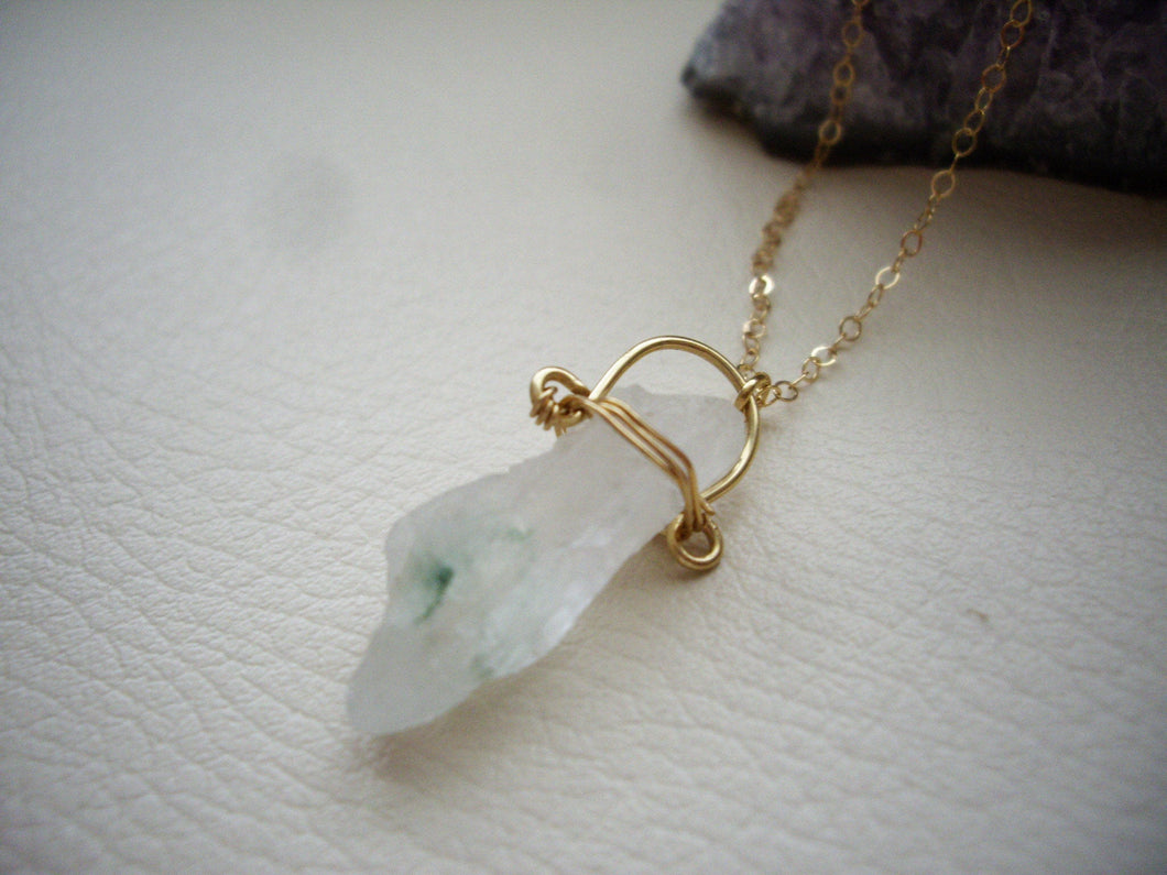 Raw Quartz Gold Chain Necklace, Green Quartz, Organic Jewelry.