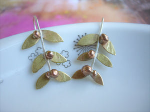 Gold Leaf Mistletoe Earrings, Woodland Jewelry.