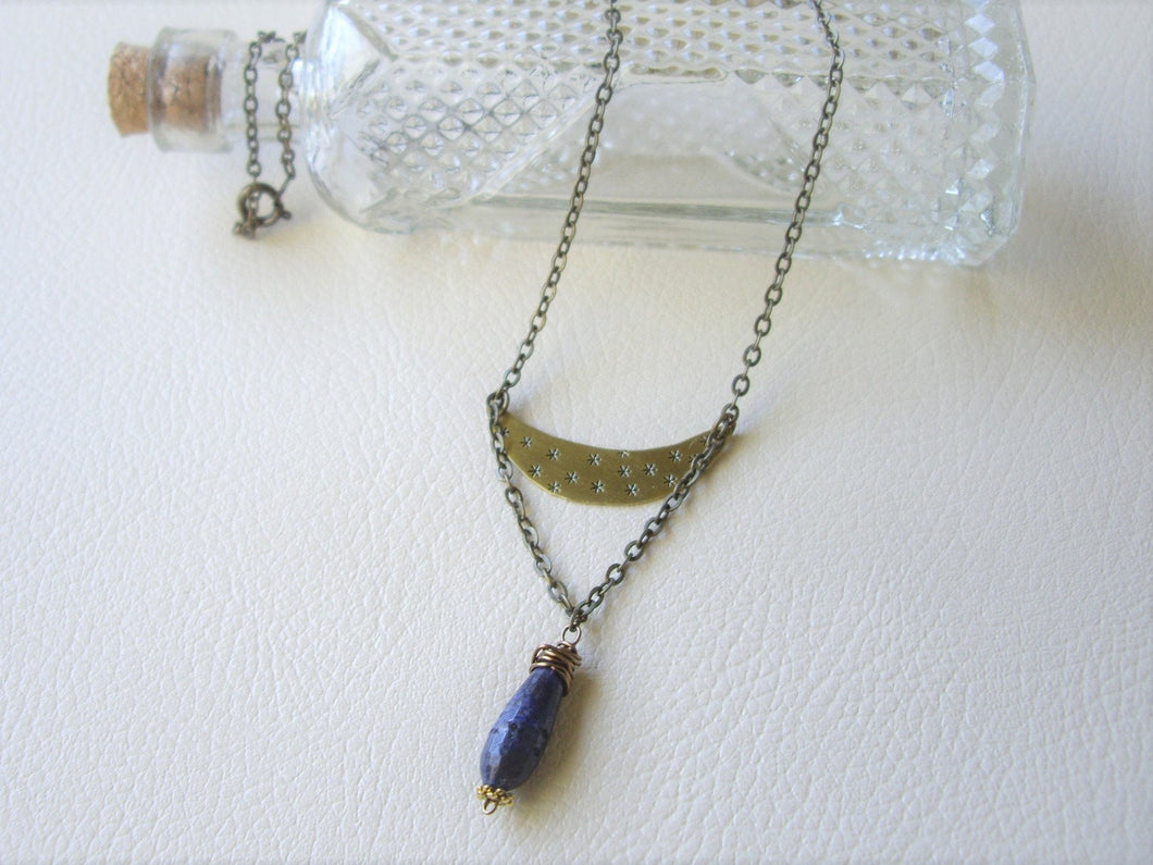 Lapis Lazuli Crescent Moon Necklace, Mixed Metal Rustic Jewelry, Boho-chic Gift.
