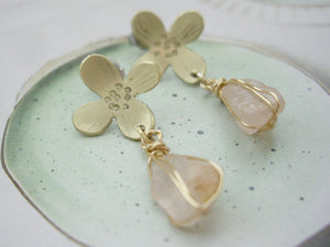 Gold Flower Earrings With Raw Rose Quartz.