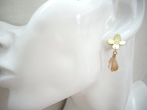 Gold Flower Earrings With Raw Rose Quartz.