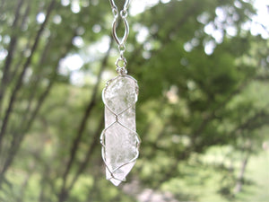 Wire Wrapped Crystal Point Long Necklace.