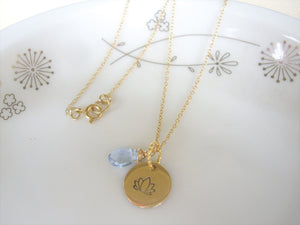 Lotus Flower Hand Stamped Necklace, Disk Pendant, Choose Your Stone.