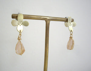 Gold Flower Earrings With Raw Rose Quartz.