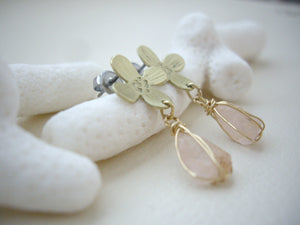 Gold Flower Earrings With Raw Rose Quartz.